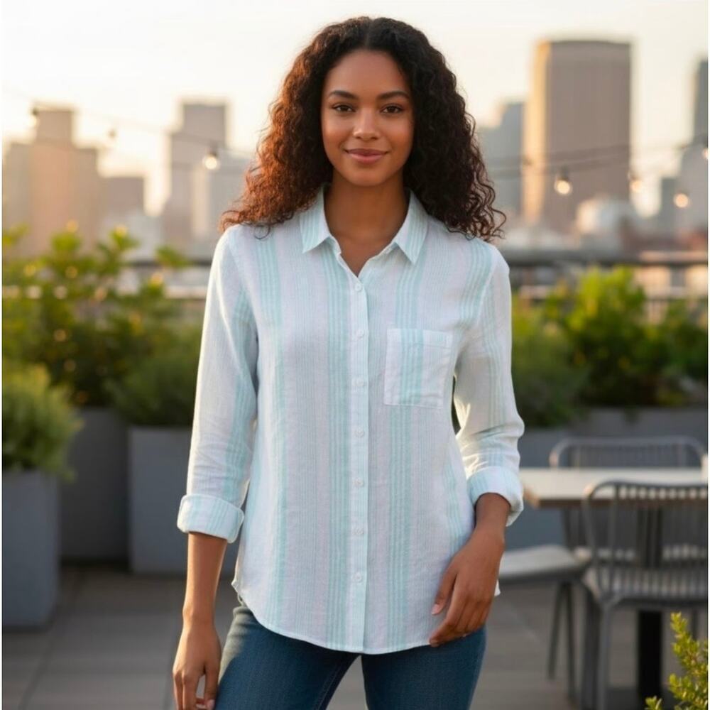 Garnet Hill Flax Linen Easy Striped Button Down Shirt